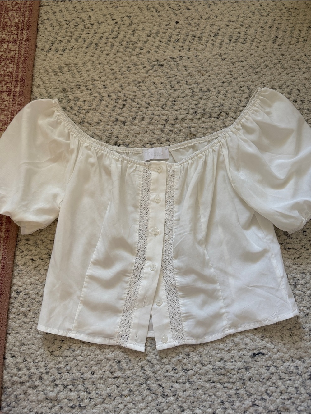 White Off-Shoulder Button-Front Blouse with Lace Trim